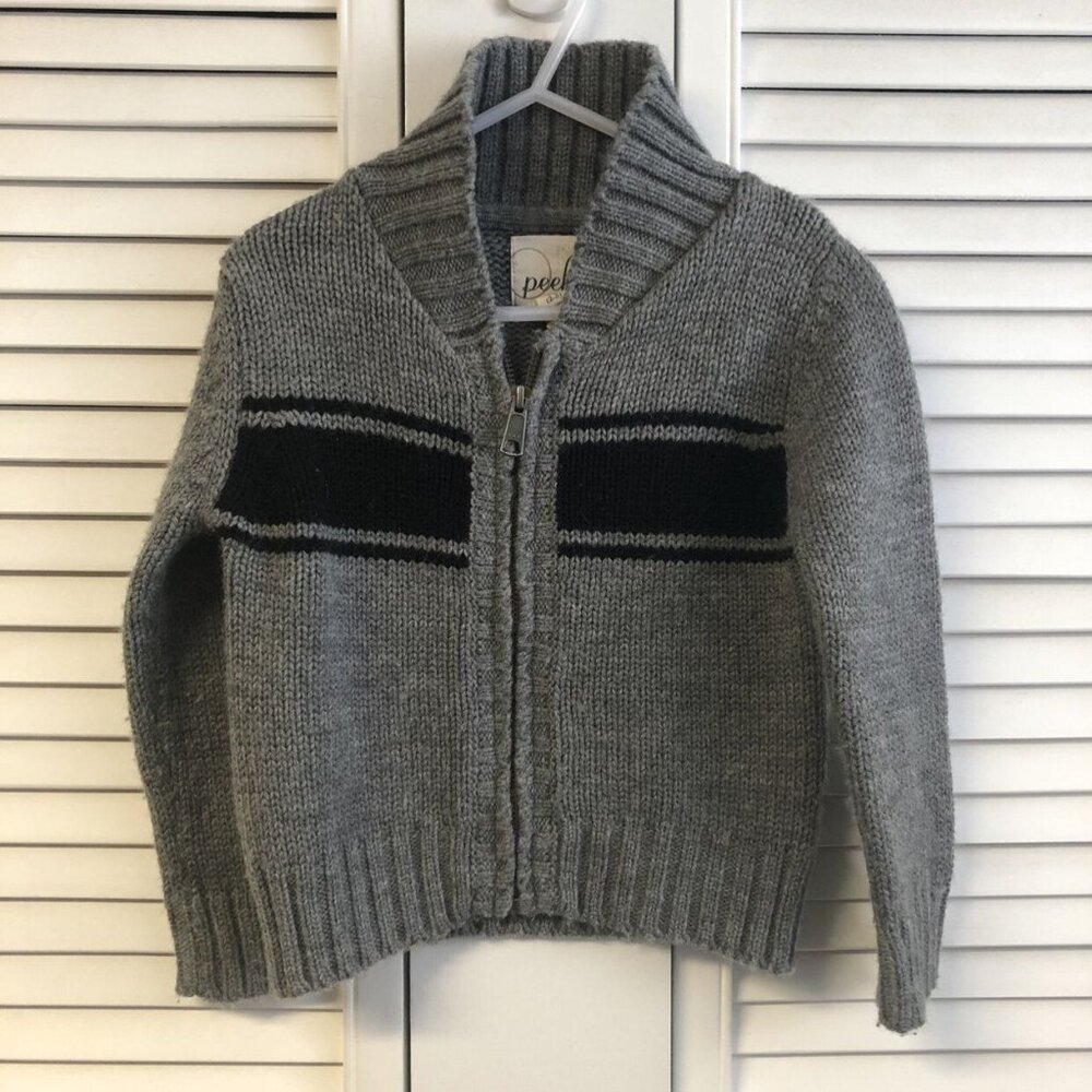 Peek Size 2/3 Shawl Collar Zip Up Grey Grandpa Sweater